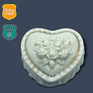 Vintage Off-White Cream Color, Gold Trim Heart Shaped Rose Decorated Trinket Box
